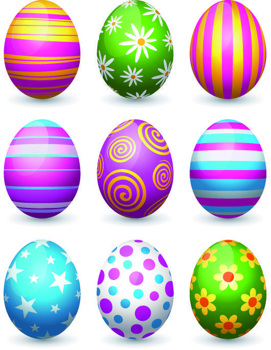 six colorful easter eggs with different designs