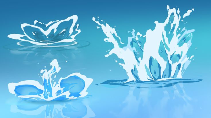 three water splashes in the air on a blue background with reflections and reflection effect