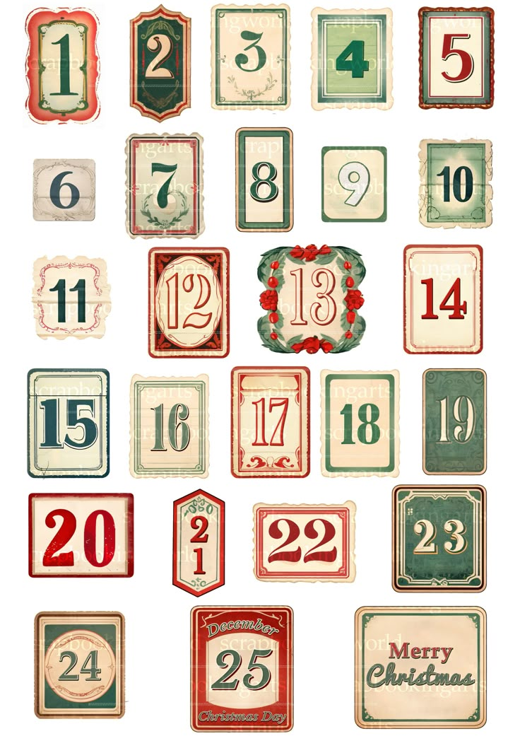 Christmas, Advent Calendar, Christmas Printable, Digital Scrapbook Pages, Junk Journal, December Daily, Countdown, Printable, Random Numbers Vintage Christmas Advent Calendar, Christmas Scrapbook Printables, Digital Advent Calendar Design, Vintage Advent Calendar, Christmas Numbers Printable, Journal Advent Calendar, Numbers For Advent Calendar, Christmas Calendar Ideas, Christmas Shuffle