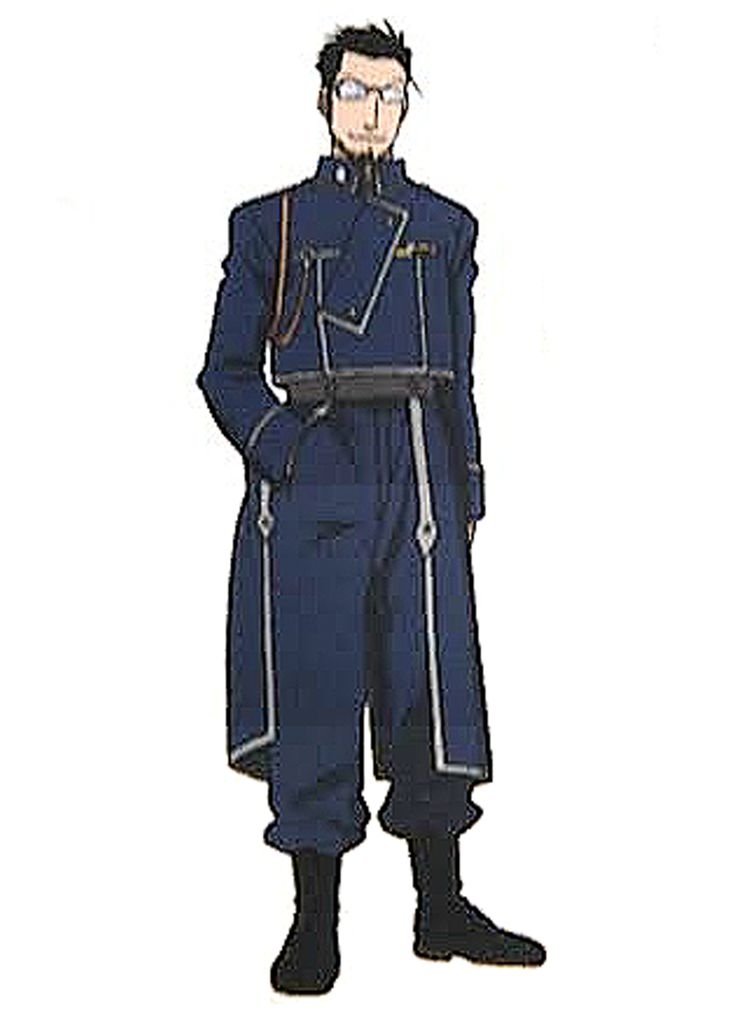 a drawing of a man in blue uniform with glasses on his face and one hand on his hip