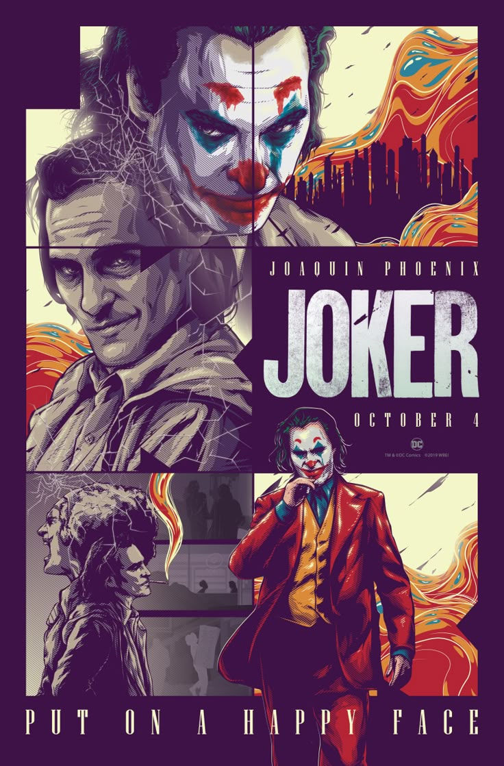 the joker movie poster is shown in three different colors