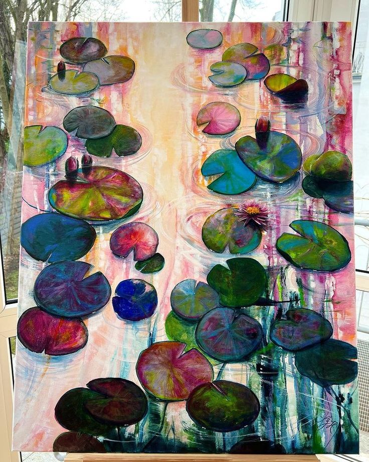 an abstract painting of water lilies and leaves