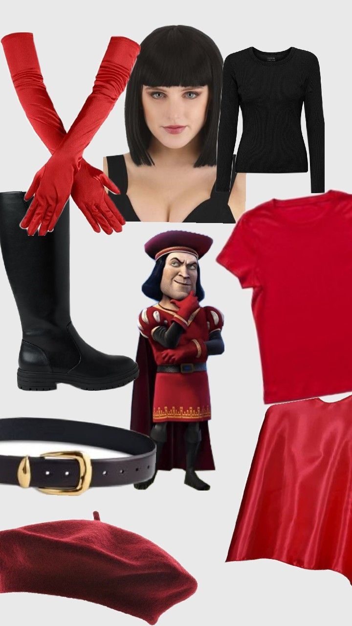 a woman wearing red and black clothing with accessories