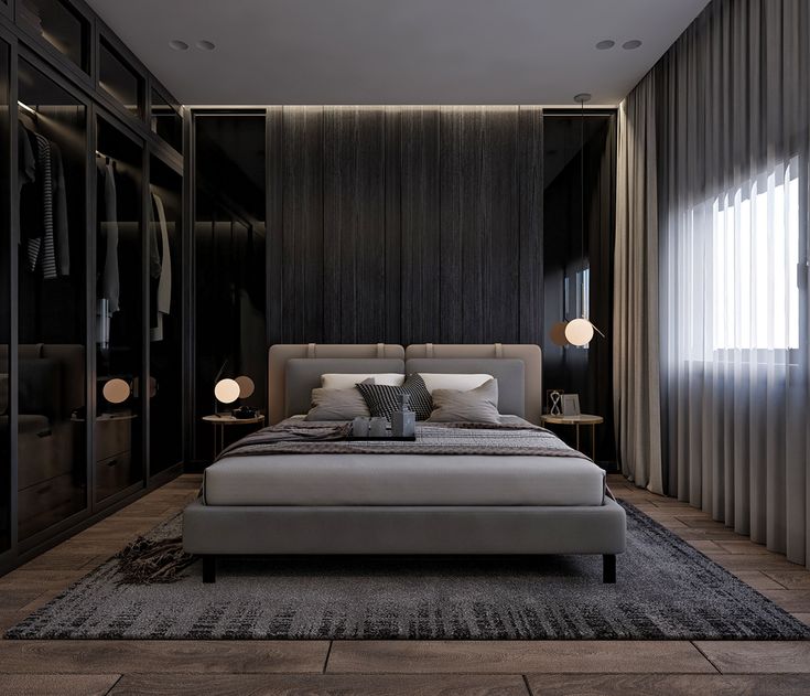 a modern bedroom with black walls and white bedding in the center, along with an area rug on the floor