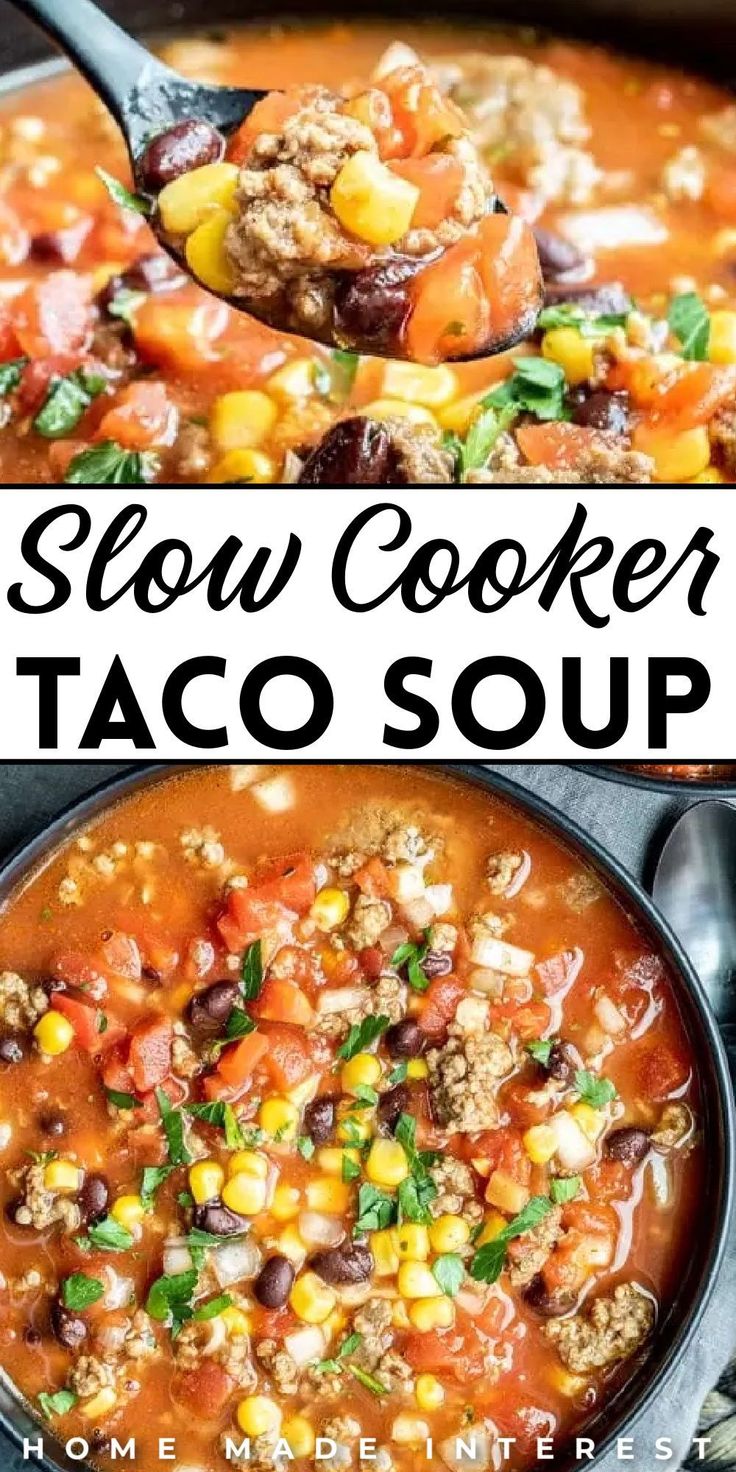 slow cooker taco soup in a black pot with a ladle full of it