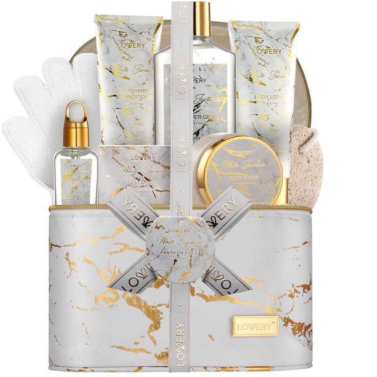 PRICES MAY VARY. COMPLETE SPA GIFT SET - Soothe and diffuse stress with a luxurious at-home spa treatment! Beautifully packaged bath and shower basket in a marble cosmetic bag, this bath gift set makes for an extraordinary gift, and adds a lovely touch to the bathroom. Contains a 2in1 Shampoo and Conditioner, Body Lotion, Shower Gel, Body Scrub, Bath Oil, Exfoliating Loofah Gloves wrapped in a Marble Cosmetic Bag with Ribbon and Hangtag. WHITE JASMINE FRAGRANCE - The calming scent of White Jasmi Gift Basket For Women, Bath And Body Gift Set, Spa Basket, Gift Set For Men, Gift Baskets For Women, Home Spa Treatments, Spa Gift Basket, Bath Gift Set, White Jasmine