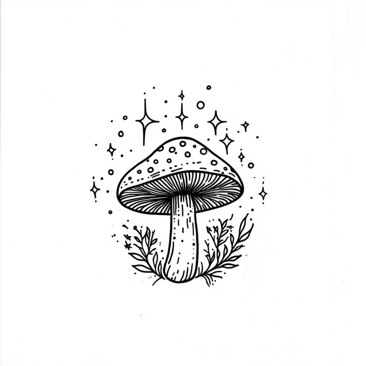 a black and white drawing of a mushroom with stars in the sky on it's back