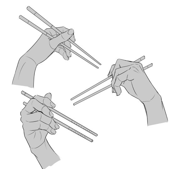 three hands holding chopsticks in each hand and pointing them at the same direction