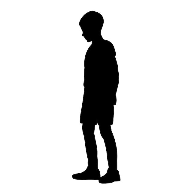 the silhouette of a young man standing in front of a white background with no image on it