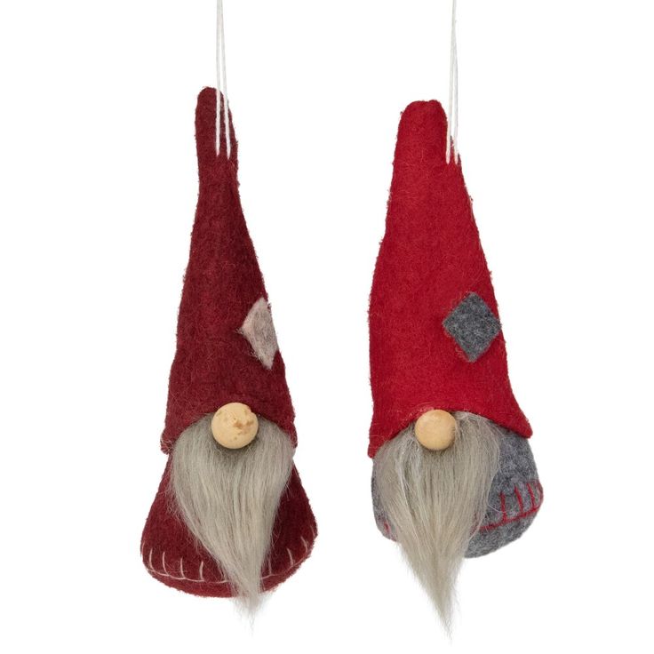 Set of 2 Christmas gnome ornaments. Gnomes are dressed in burgundy, red and gray. Comes ready to hang on matching strings Christmas Gnomes Diy, Bulbous Nose, Santa Gnomes, Holiday Gnomes, Tall Hat, Long Beard, Santa Gnome, Gnomes Christmas, Holiday Trees