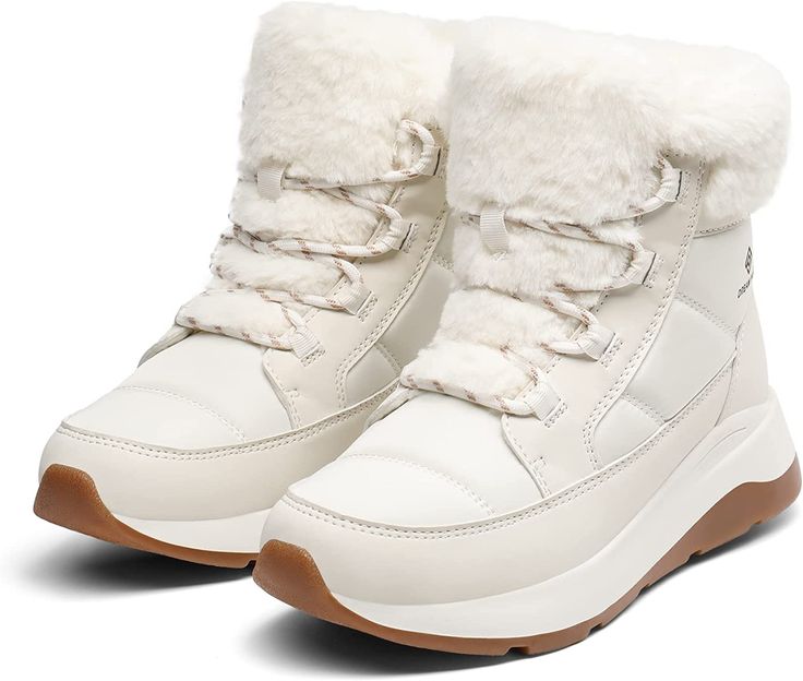 Experience outdoor winter activities in comfort and style with these faux fur lined off-white snow boots. Perfect for cold and wet conditions, these boots are 100% waterproof to keep your feet dry and warm. The soft and cozy faux fur lining makes them comfortable and durable for all-day wear. Polyurethane Lace up Closure Made of TPU and PU for greater traction Water Resistant Brand Size US UK Europe 5.0 5.0 3.0 36.0 5.5 5.5 3.5 36.5 6.0 6.0 4.0 37.0 6.5 6.5 4.5 37.5 7.0 7.0 5.0 38.0 7.5 7.5 5.5 Cream Winter Outdoor Boots, White Waterproof Winter Boots, Cream Synthetic Winter Boots, White Winter Boots With Plush Lining, Cream Synthetic Boots For Winter, White Boots With Plush Lining For Winter, Winter Cream Synthetic Boots, White Plush Lined Winter Boots, White Plush-lined Boots For Winter