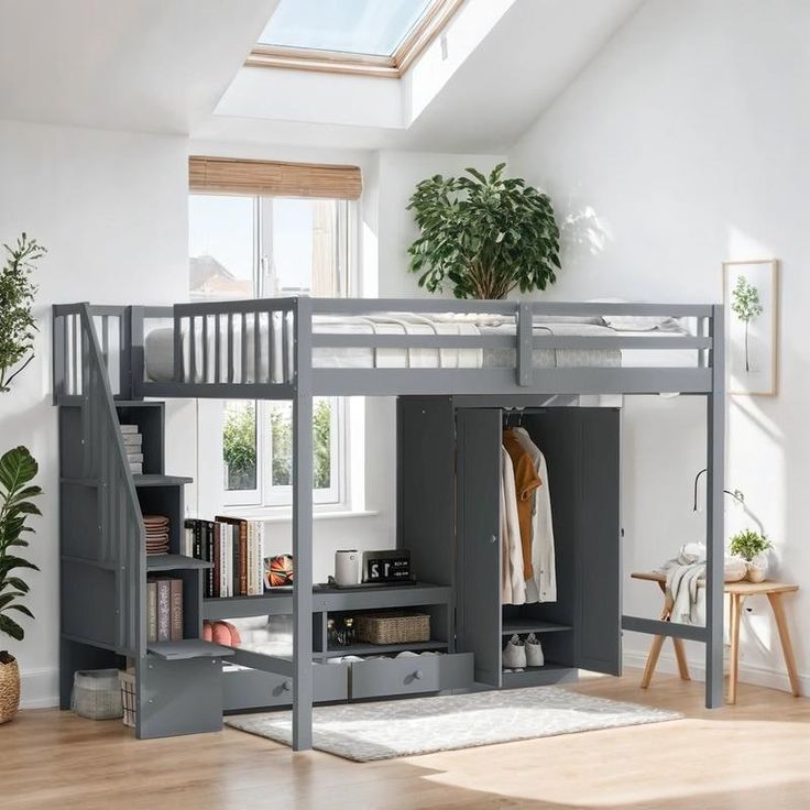 a loft bed with stairs and storage underneath it in a room that has hardwood floors