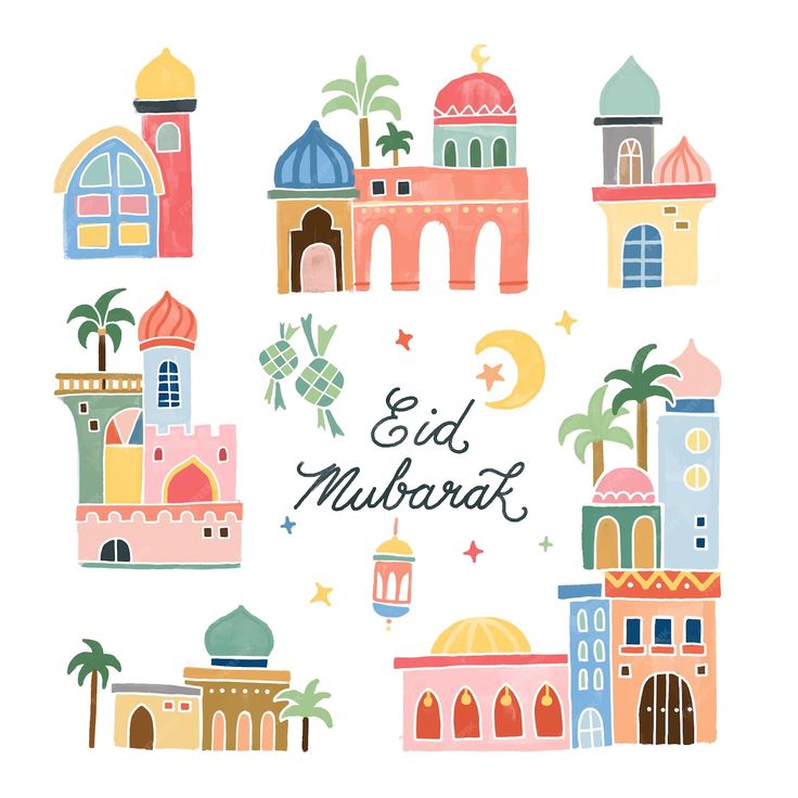 an illustration with the words eid mubarat surrounded by colorful buildings and palm trees