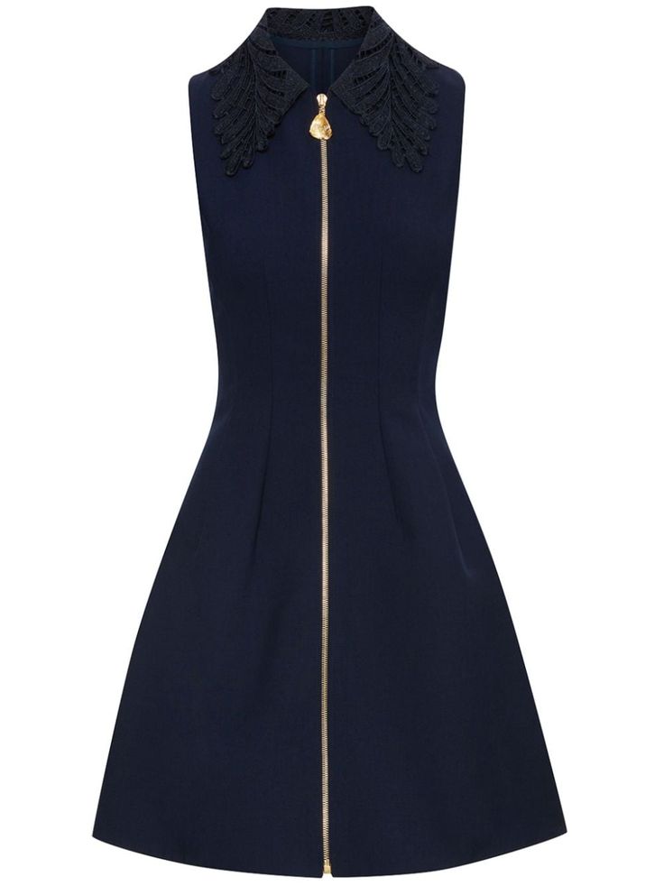 navy blue virgin wool blend fern-embroidered collar gold-tone hardware dart detailing sleeveless front zip fastening above-knee length Navy Dress With Gold Accessories, Navy Blue Outfits Aesthetic, Scale Dress, Zip Up Dress, Zip Front Dress, Dress Luxury, Zip Dress, City Dress, Navy Blue Dress