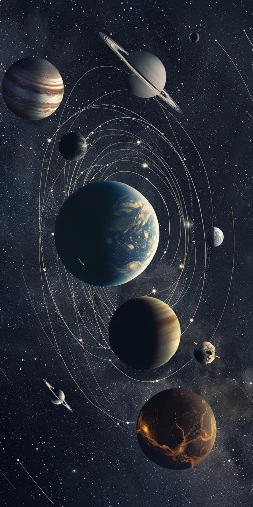 an artist's rendering of the solar system with its eight planets and their satellites