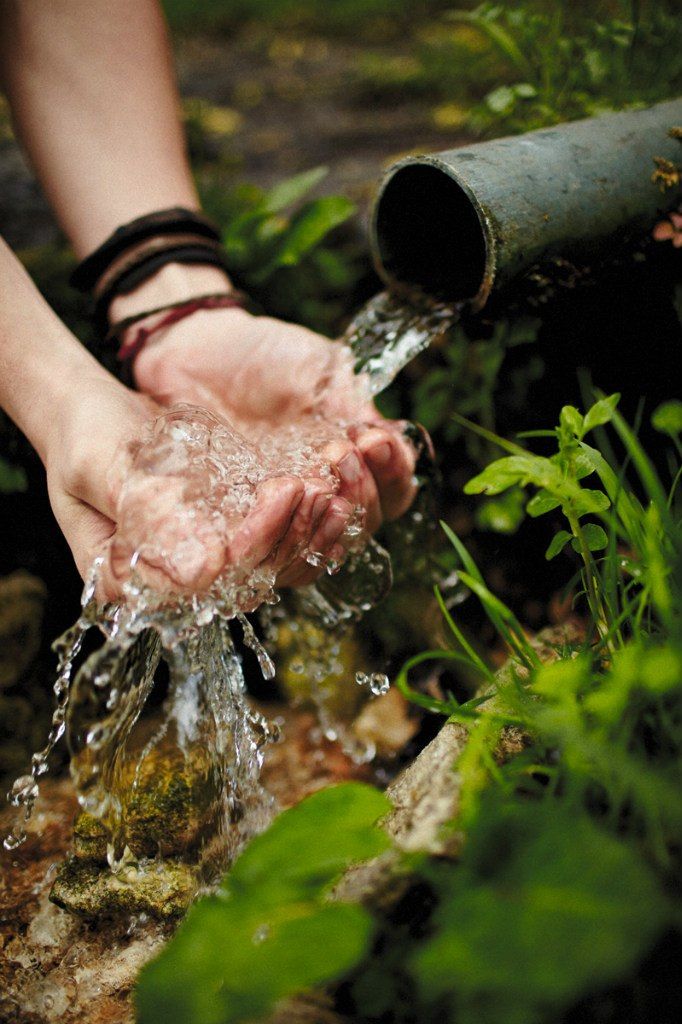 a person is holding their hands under a water spout in the grass and plants