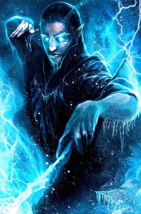 a man holding a knife in his hand while lightning strikes behind him and the sky is blue