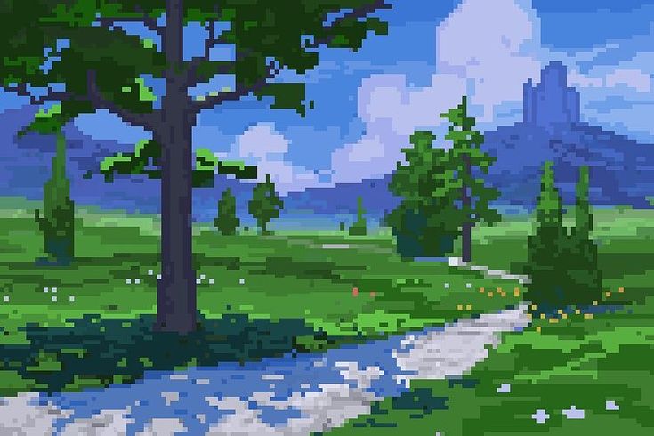 an animated landscape with trees, water and grass