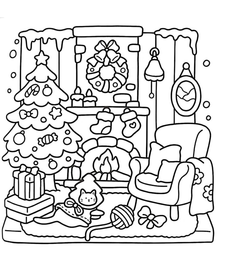 a black and white drawing of a living room with christmas decorations on the fireplace,