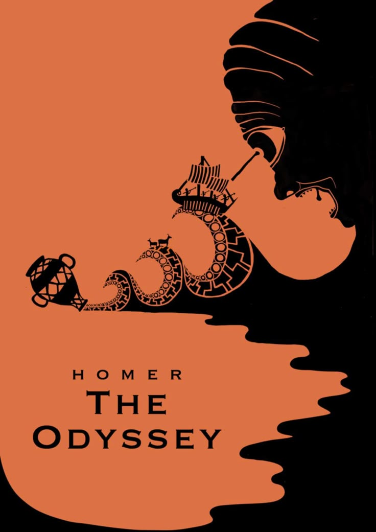 The Odyssey by Homer, black and orange greek mythology inspired book poster depicting the escape from the cyclops. Homer Greek Mythology, Ancient Greek Mythology Art, Greek Mythology Prints, Odysseus Art Greek Mythology, Greek Mythology Graphic Design, Mythology Graphic Design, The Odyssey Aesthetic, The Odyssey Art, Greek Mythology Posters