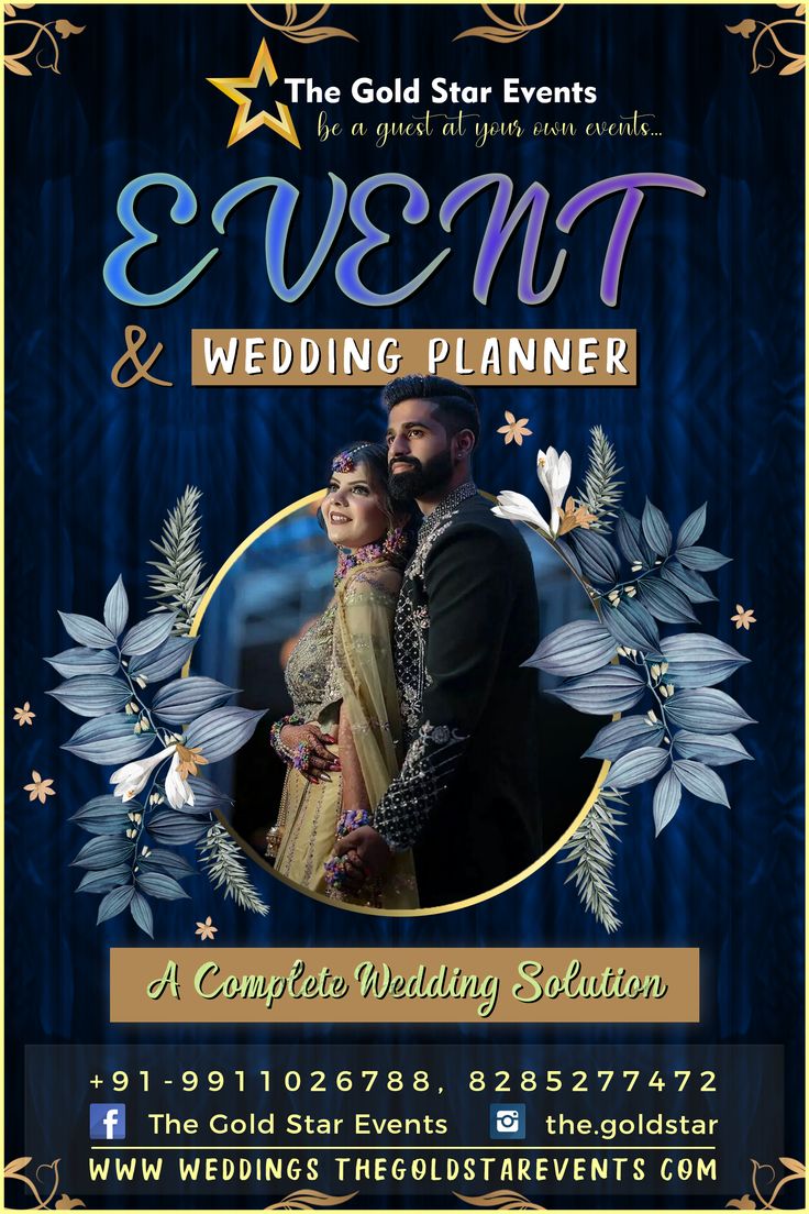 the gold star events and wedding planner flyer is shown with an image of a bride and groom