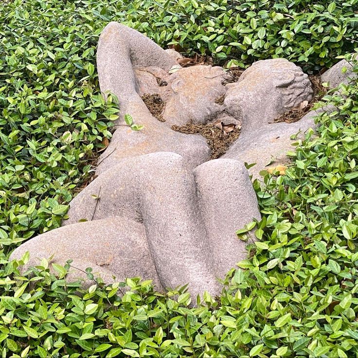 there is a statue made out of rocks in the bushes