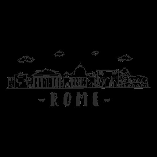 the word rome written in black ink on a white background with buildings and clouds around it