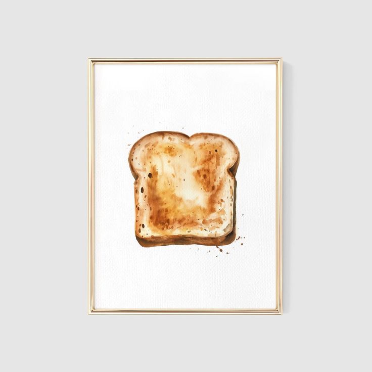 a watercolor painting of a slice of toast on white paper in a gold frame