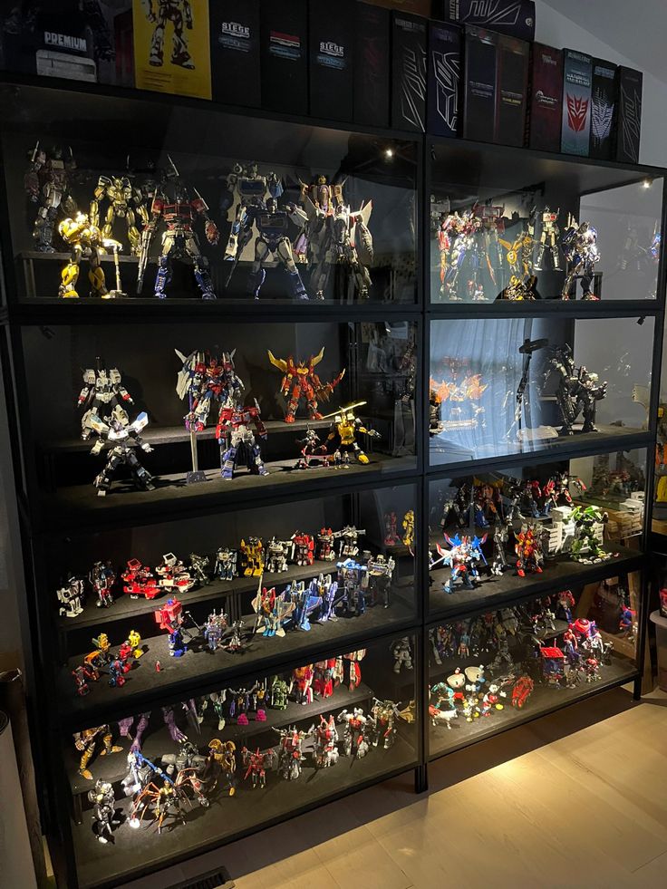 a display case filled with lots of action figures