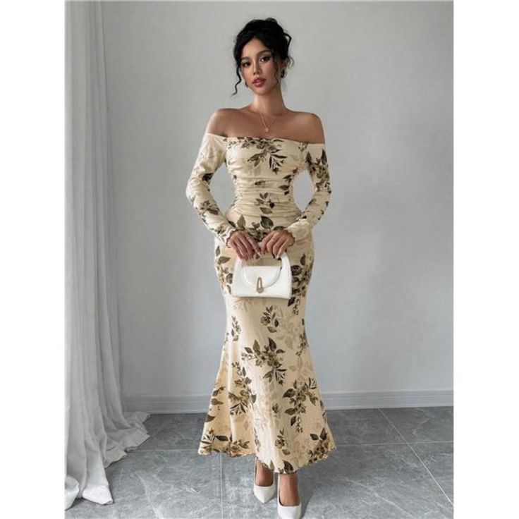 -Item Id 38721044 -Details: Ruched, Ruched Bust -Neckline: Off The Shoulder -Sleeve Type: Flare Sleeve -Style: Elegant -Type: Bodycon -Waist Line: Natural -Hem Shaped: Mermaid -Color: Apricot -Pattern Type: Floral, Plants, All Over Print -Sleeve Length: Long Sleeve -Fit Type: Regular Fit -Length: Long -Material: Knitted Fabric -Composition: 97% Polyester, 3% Elastane -Care Instructions: Hand Wash Or Professional Dry Clean -Sheer: No -Fabric: High Stretch **Open To Offers!!!** **Bundle To Save Mo Beige Floral Print Maxi Dress For Party, Fitted Ruched Beige Maxi Dress, Fitted Beige Ruched Maxi Dress, Fitted Beige Maxi Dress With Ruched Details, Beige Fitted Maxi Dress For Brunch, Mermaid Maxi Dress, Maxi Bodycon Dress, Mexican Outfit, Fairytale Dress