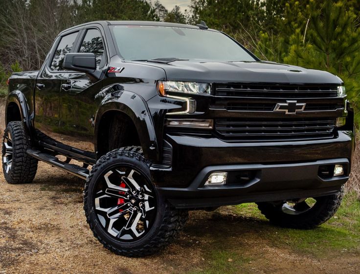 a black truck parked on top of a dirt road next to some trees and bushes