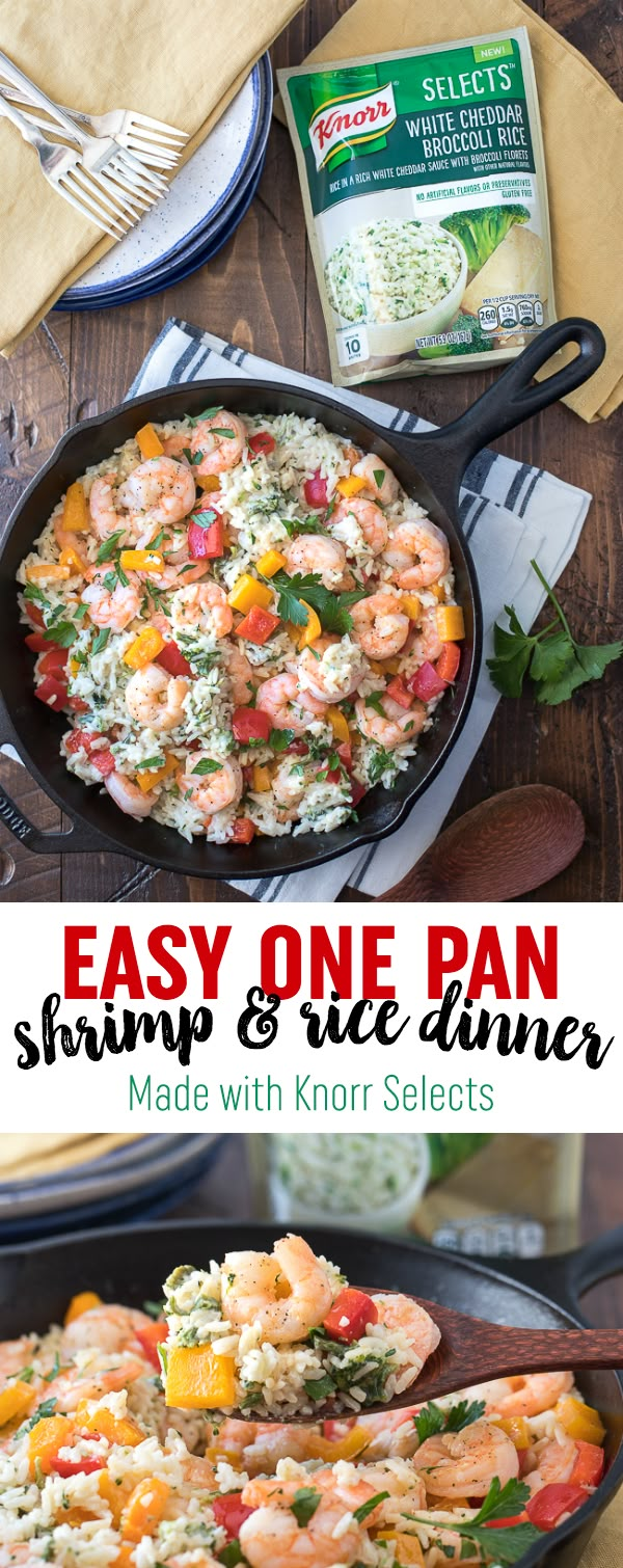 shrimp and rice in a skillet next to a bag of garnishes