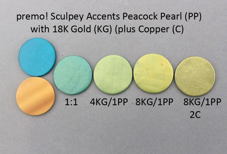 four different colored discs sitting next to each other on a gray surface with the words, premol sculpey accents peacock pearl ppp