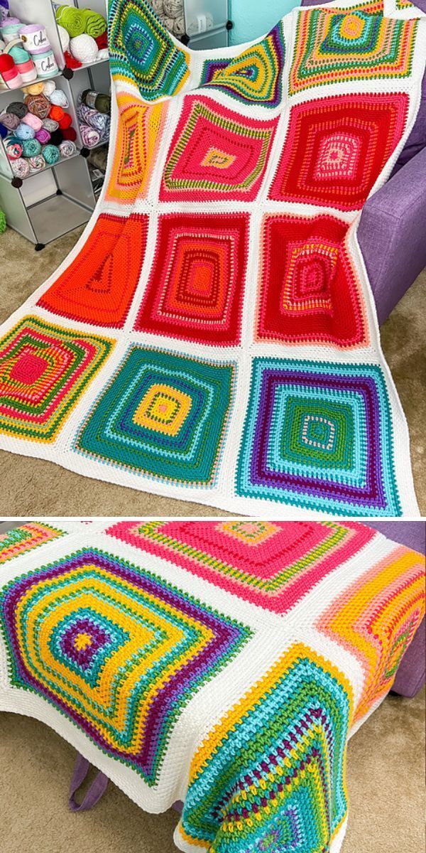 a crocheted blanket is shown on the floor and in front of a chair