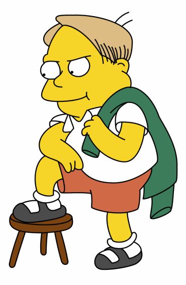 the simpsons character sitting on a stool with his hand in his pocket and looking down