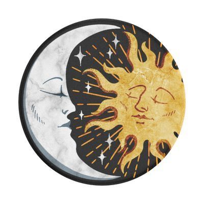 the sun and moon are depicted in this circular painting on marble slabs, which is hand painted with black and gold paint