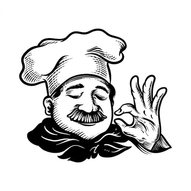 a black and white drawing of a chef holding his hand up to the side with both hands