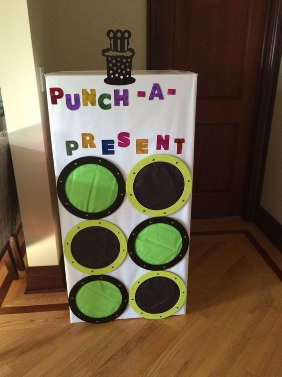 a sign that says punch - a - present on it in front of a door