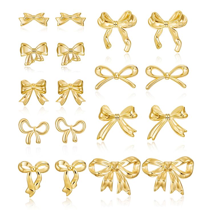 PRICES MAY VARY. Bow Earrings Set: The set includes 9pairs different styles of bow earrings, dainty and chic, our gold bow stud earrings feature delicate knots with a minimalist silhouette. Wear yours to bring a touch of understated glamour to your favorite ensemble. Multiple: Size Get the perfect mix of sizes with our gold bow earrings set. Our gold/silver earrings feature a classic and chic design, giving you the option to choose the different size to match your mood and outfit. This allows yo Madewell Bow Earrings, Gold Stud Earrings Set, Cute Earrings Aesthetic Gold, Gold Bow Earrings, Cute Earrings Studs, Simple Jewelry Earrings, Cute Gold Earrings, Good Earrings, Preppy Earrings