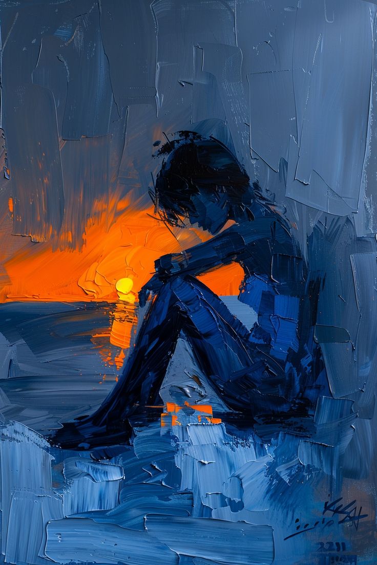 a painting of a person sitting on the ground with their hands in their pockets as the sun sets