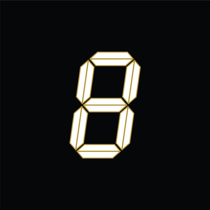 the number eight is shown in white on a black background with an image of a clock