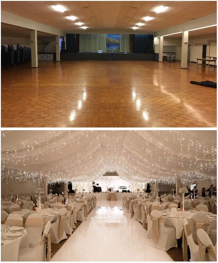 the inside and outside of a large ballroom with white linens on the dance floor