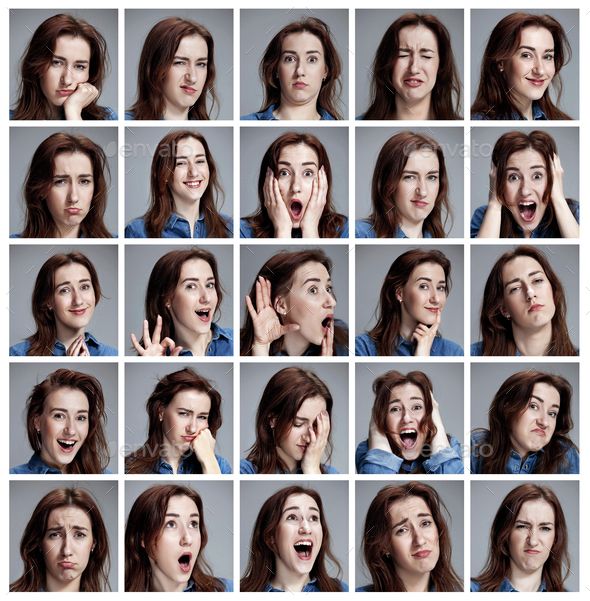 many images of different women making faces and posing for the camera with their hands on their cheeks