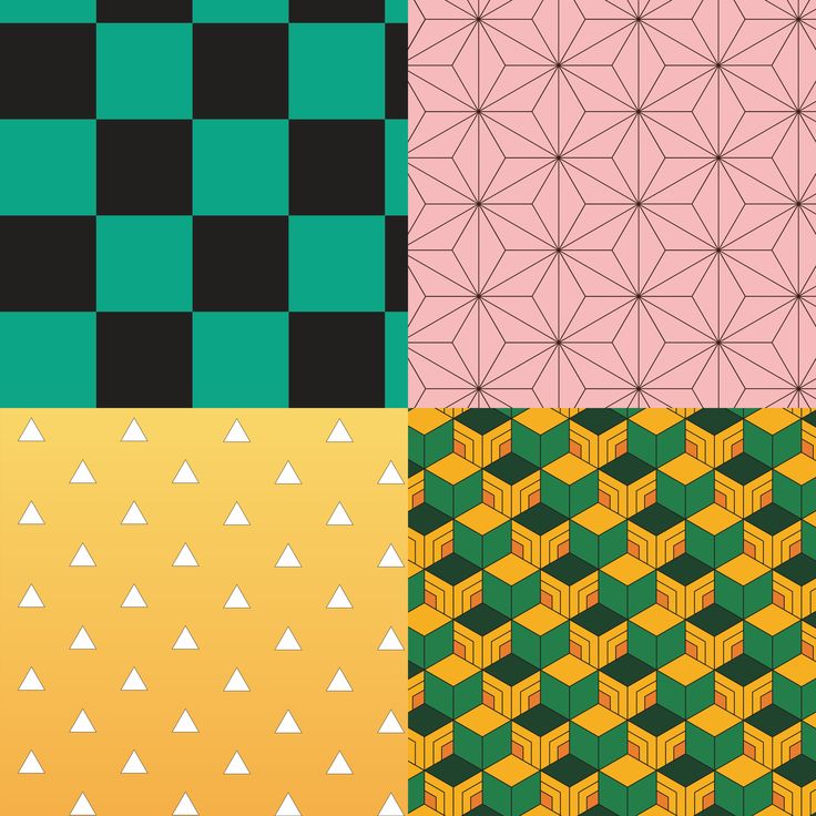 four different colored squares with white and black triangles on them, all in various colors