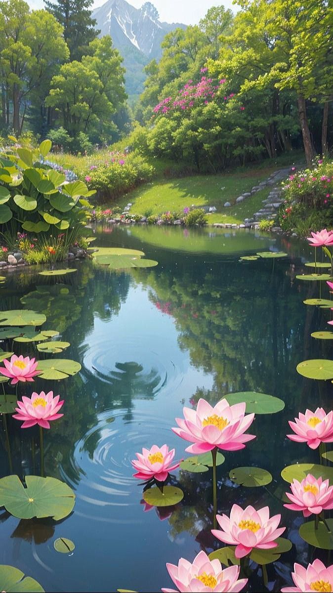 water lilies are blooming in the pond with mountains in the background