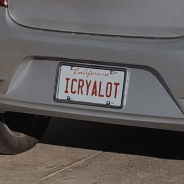 the license plate is on the back of a silver car that says icrysalot