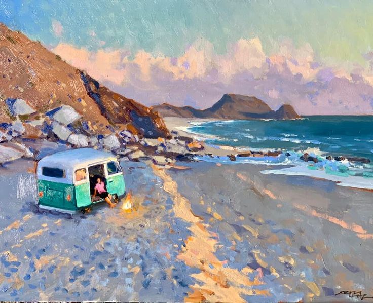 an oil painting of a van parked on the beach next to the ocean and rocks