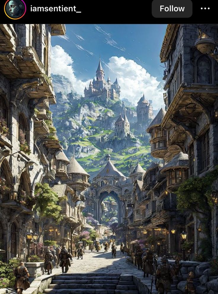 an image of a fantasy city with people walking down the street