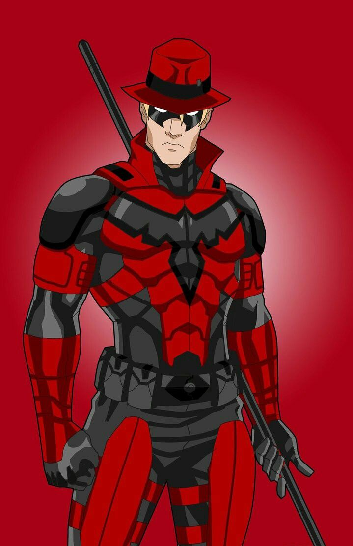 a man in a red and black suit with a hat on holding two swords while standing against a red background