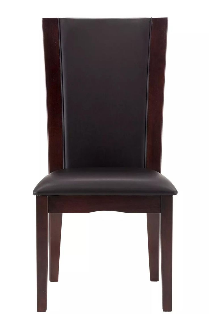 a wooden chair with black leather upholstered on the back and seat, side view